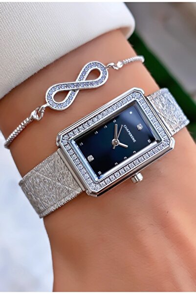 Merand Brand Women Wristwatch Steel Case Waterproof Rhinestone Rectangle Dial + Gift Bracelet