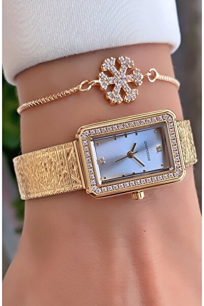 Merand Women's Wristwatch Steel Case Waterproof Rhinestone Rectangular Dial + Gift Bracelet