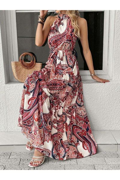 modamtn Women's Halter Neck Off-The-Shoulder Belted Maxi Length Patterned Single Jersey Dress