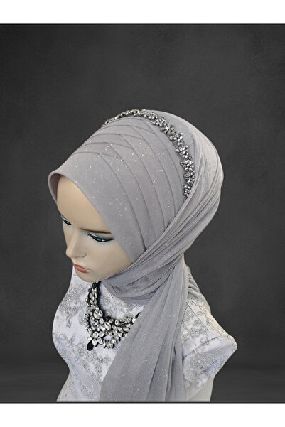 Nuray hazır duvak Accessories Included Light Gray Glitter Single Ready-Made Wrap Ready-Made Turban Ready-Made Veil