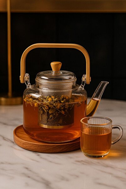 ENYAZA(2024) Bambu Saplı Cam Süzgeçli Cam Demlik Çay Bitki Çayı Demleme Isıya Dayanıklı Borosilikat 1000ML