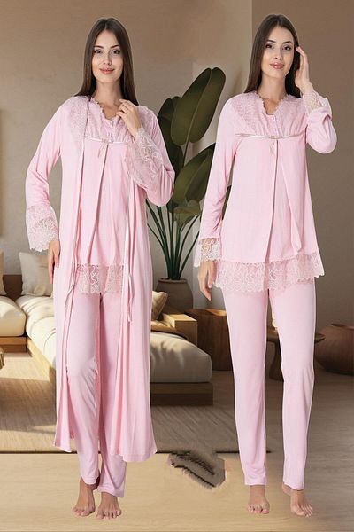 BLACKMORE Women's Powder Special Lace Design Long Sleeve Maternity Maternity Pajamas Set with Dress 3 Piece Pajamas Set