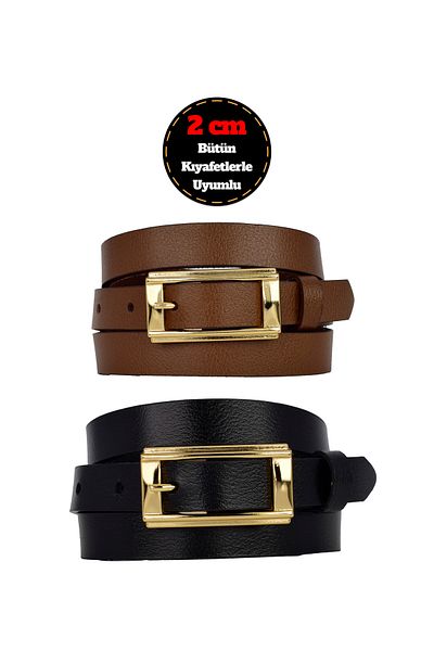 GoDeri 100% Genuine Leather Set of 2 Gold Color Buckle 2 cm Women's Belt Black, Brown Matches Any Outfit _Y.Dik