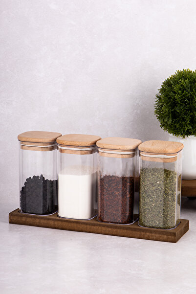 DNS HOME 4-Piece Spice Rack Set Wooden Vacuum Lid Acrylic Spice Rack Set Set with Wooden Stand