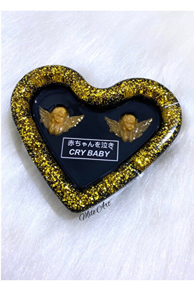 Milo Art Handmade Cry Baby Angel Figured Glitter Black Heart Ashtray Epoxy As...