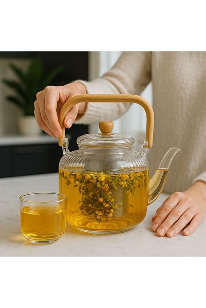 ENYAZA(2024) Bambu Saplı Cam Süzgeçli Cam Demlik Çay Bitki Çayı Demleme Isıya Dayanıklı Borosilikat 1000ML