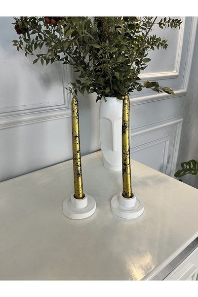 Verda Desing 🥇Dekoratif Siyah Mermer Desenli Metalik Altın Şamdan Mumu 3 lü set