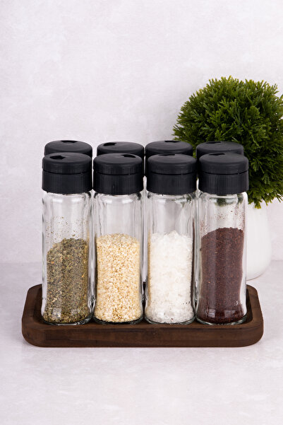 DNS HOME Set of 8 Mini Glass Spice Rack Set Salt and Pepper Shaker Spice Rack with Wooden Stand