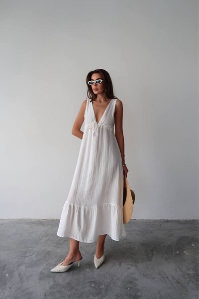 bagab Women's White Muslin Fabric V-Neck Summer Long Dress – Loose, Lightweight and Stylish Dress