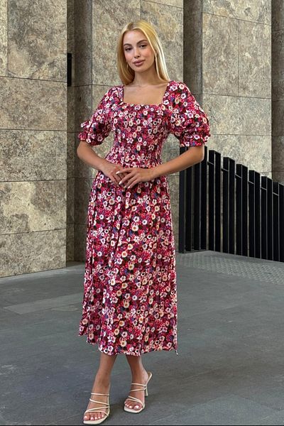 AYASOFYA OTANTIK Rochie de damă cu mânecă scurtă, etnică, autentică, cu model roșu