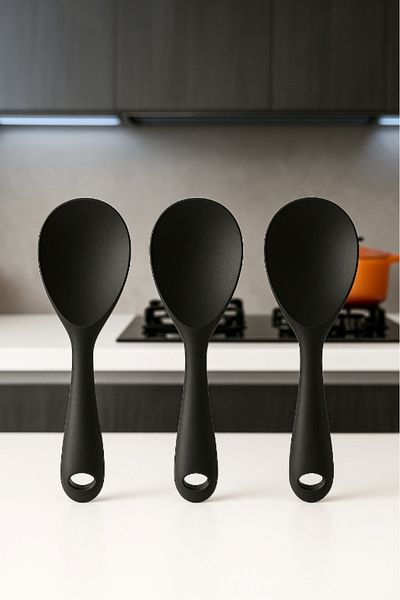 TARIK HOME 3Pcs 22cm Extra Hard Tip Black Silicone Mixing Spoon, Rice, Halva Spoon Fireproof Pan Non-Slip