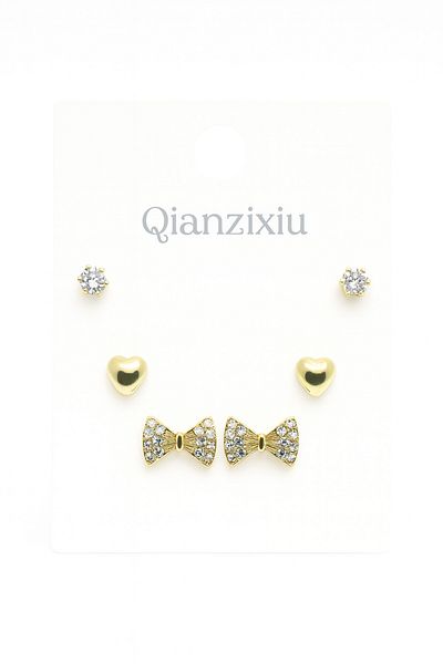 MakeWell 925S Silver Needle Bow and Heart Design Zircon Stone 3-Piece Earring Set