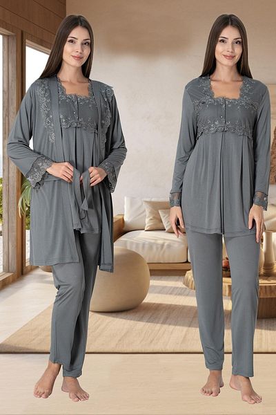 BLACKMORE Women's Smoked Sleeve and Collar Lace Detailed Long Sleeve Maternity Maternity Pajamas Set with 3-Piece Pajamas Set