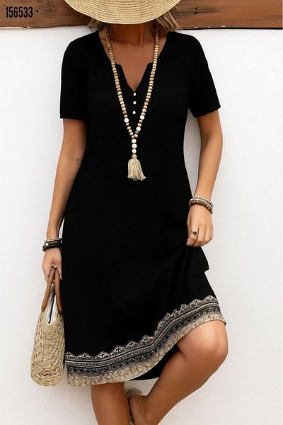 Viyamo Women's Short Sleeve V Neck Hem Patterned Viscose Dress