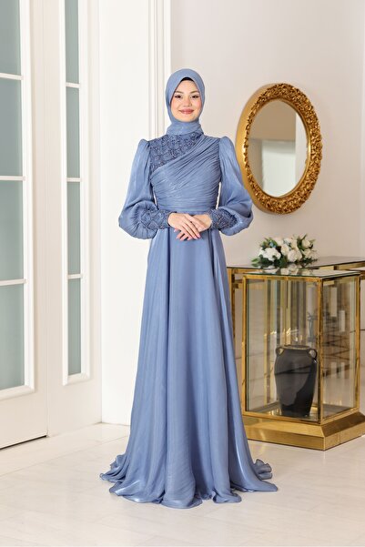 miss newal Yağmur Tesettür Abiye Buz Mavisi