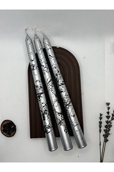 Verda Desing Dekoratif Siyah Mermer Desenli Metalik Gümüş Şamdan Mumu 3 lü set