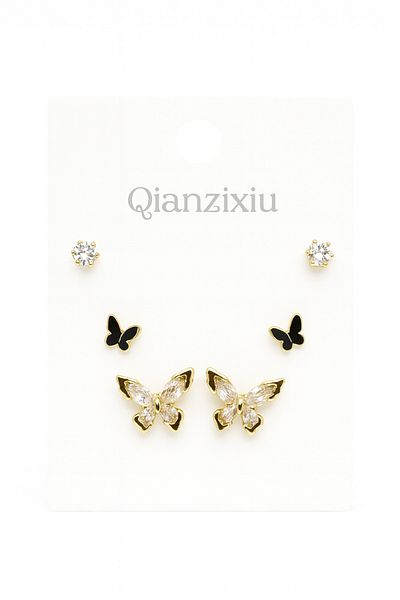 MakeWell 925S Silver Needle Butterfly Design Zircon Stone 3-Piece Earring Set