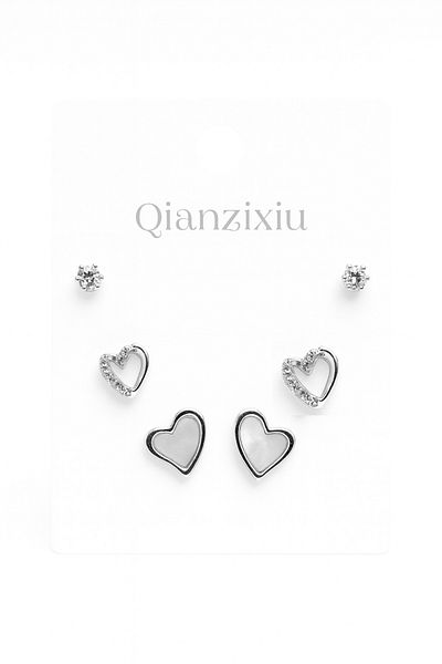 MakeWell 925S Silver Needle Heart Design Zircon Stone 3-Piece Earring Set