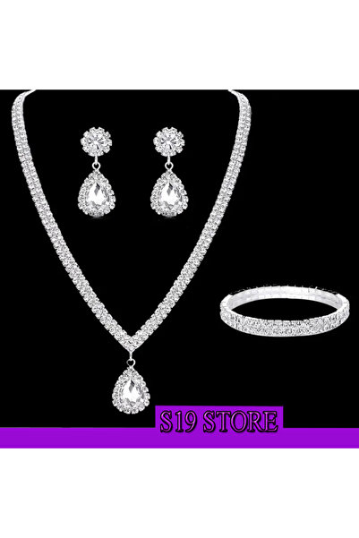 shop S19-KADIN ZARİF TAŞLI TAKI SETİ KOLYE KÜPE BİLEKLİK RHINESTONE