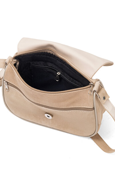 fubileather Geantă de umăr Midi Daily pentru femei din piele naturală, piele de căprioară bej