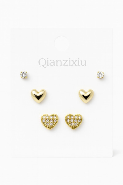MakeWell 925S Silver Needle Heart Design Zircon Stone 3-Piece Earring Set