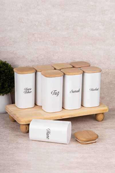 DNS HOME Set of 8 Spice Jars with Wooden Stand, Vacuum Lid, Acrylic Storage Container, Label Gift, 300 ml