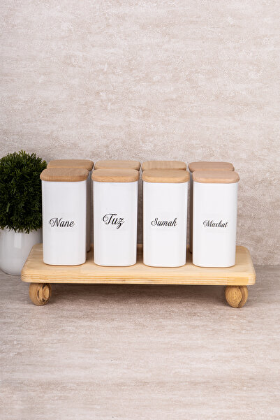 DNS HOME Set of 8 Spice Jars with Wooden Stand, Vacuum Lid, Acrylic Storage Container, Label Gift, 300 ml
