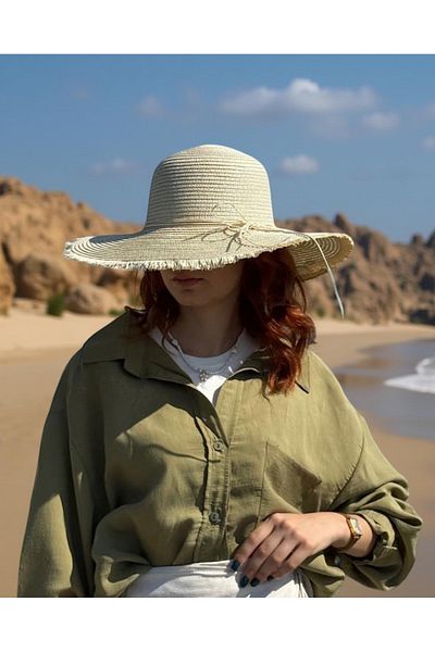 AYS Women's Straw Brimmed Sea Hat with Fringe Detail