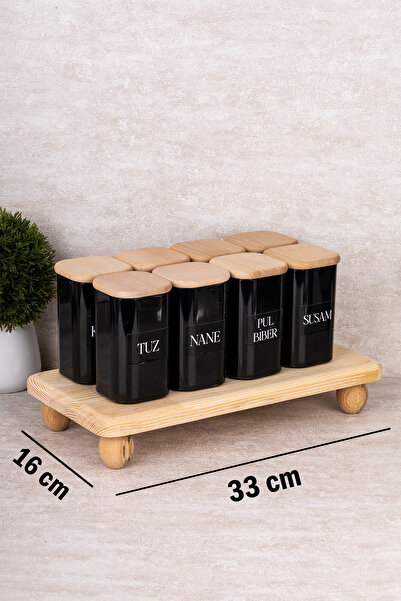 DNS HOME Set of 8 Spice Jars with Vacuum Lid, Wooden Stand, Black Acrylic Storage Container, Label Gift, 300 ml