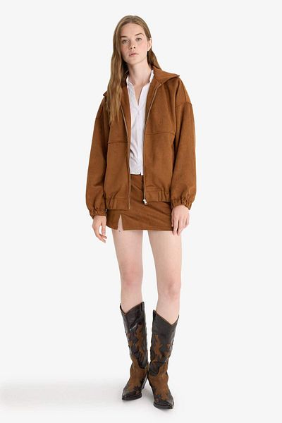 DeFacto Μπουφάν Suede Bomber με φερμουάρ F7759AX25AU