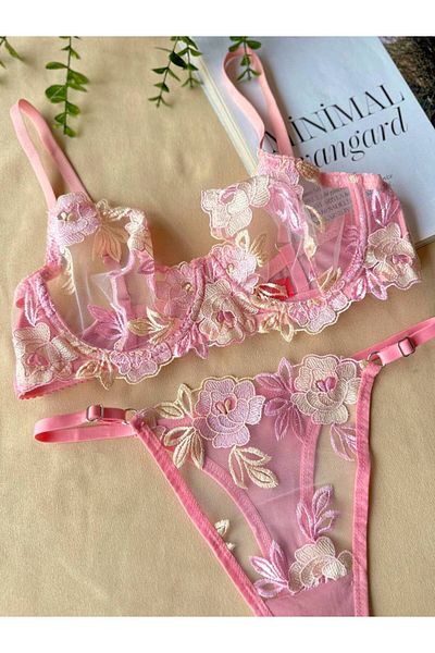 RUYAZ TEKSTİL Pink Lace Floral Embroidered See-Through Bra Panty Set Underwear Set (Bra&Tanga)