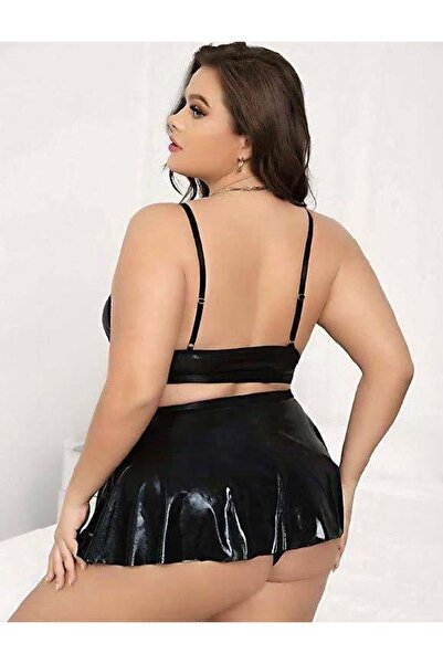 ALFA AKSESUAR 03 Plus Size Black Leather Skirt Fancy Suit