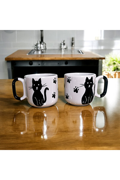 ADEN LİNA ART WORKSHOP كوب سيراميك مصنوع يدويًا منقوش على شكل قطة مكون من قطعتين