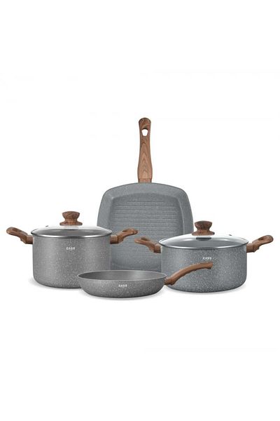 Zass Set vase marmorate cu acoperire antiaderenta, cratita, oala, tigaie si tigaie grill din aluminiu Zas