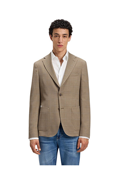 BOSS Erkek Dar Kesim Çentikli Yaka Yün Pamuk Karışımlı Kare Desenli Bej Ceket...