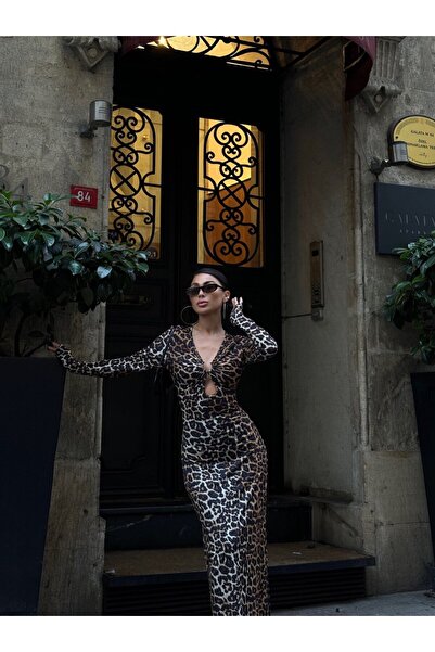 MODA KADIN LEOPAR DESENLİ ELBİSE (YANDAN YIRTMAÇLI)