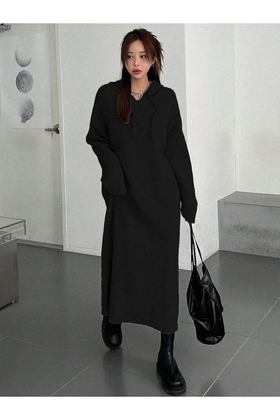 MAXXANA Low Shoulder Gathered Hooded Oversize Knitwear Dress