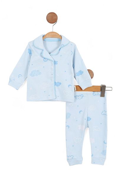 voyyo kids baby Cloud Printed Double Breasted Collar 3-6-9-12 Months 100% Cotton Pajama Set L Nightgown Set