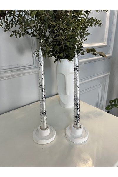 Verda Desing 🥇Dekoratif Siyah Mermer Desenli Metalik Beyaz İnci Şamdan Mumu 3 lü set