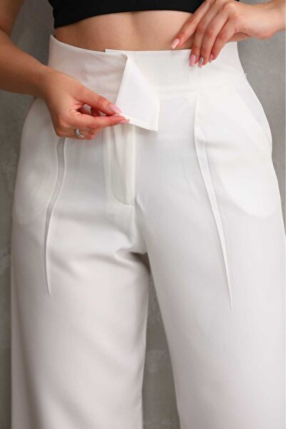 LAVA FASHION بنطلون نسائي منسوج من القماش المنسوج ذو فتحات واسعة وسحاب للإغلا...