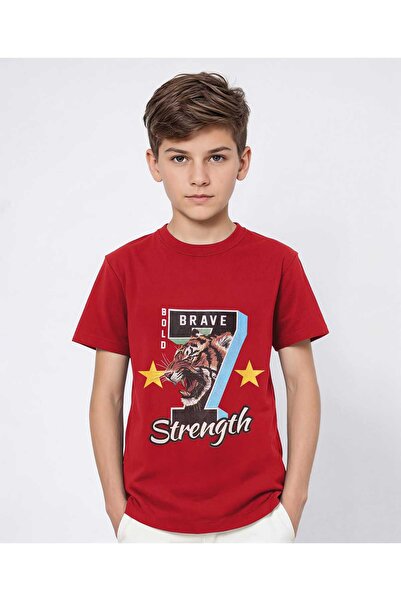 Pine kids تي شيرت باين كيدز بطبعة نصية - أحمر