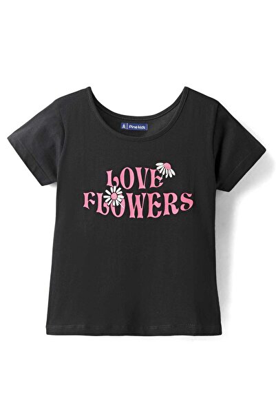 Pine kids تي شيرت باين كيدز قطني محبوك بأكمام نصفية مع نقش زهور الحب - أسود