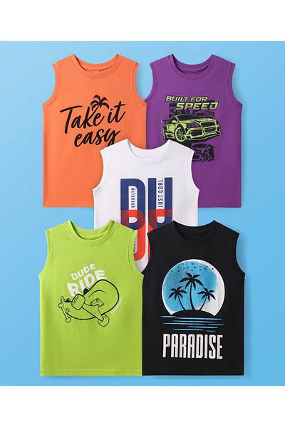 Pine kids Cotton Tank T-Shirts with Text Print (Pack of 5) - Multicolor