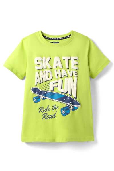 Pine kids تي شيرت باين كيدز المحبوك من القطن بأكمام نصفية وطبعة تزلج - ليموني