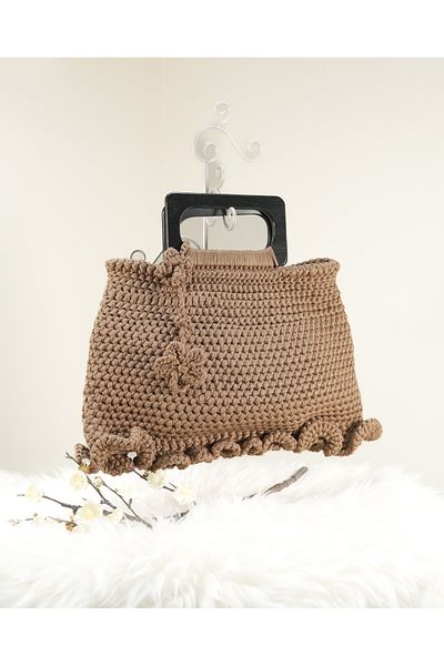 Randsac Brown Crochet Handbag with Flower Details, Ruffled Edge, and Black Square Handle