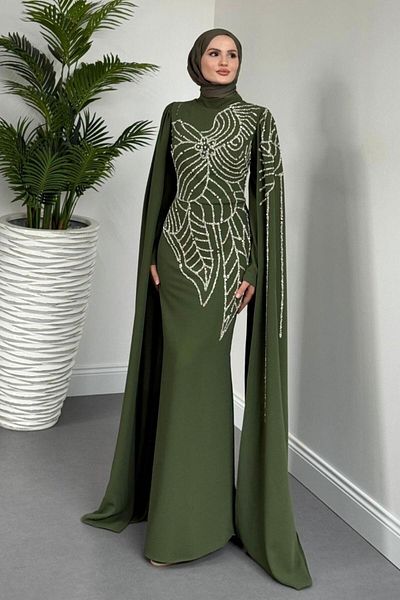 MERVEN AKYÜZ Mery Stoned Cape Evening Dress Khaki