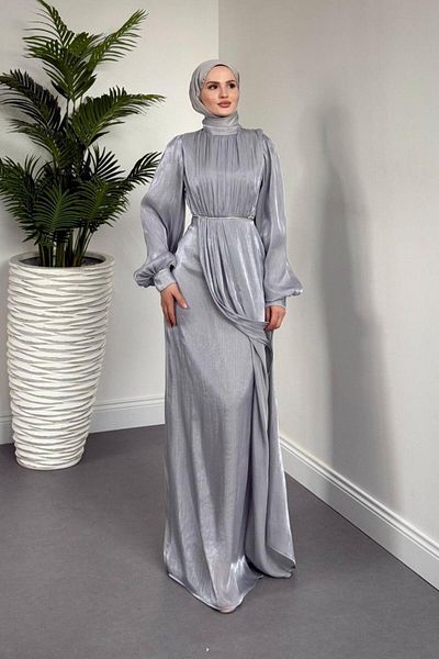 MERVEN AKYÜZ Shay Waist and Sleeve Baguette Stone Evening Dress Janjan Evening Dress Gray
