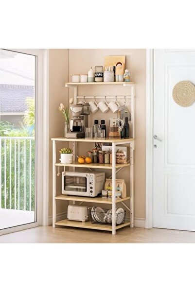 AGD Four-Layer Coffee Corner Cabinet, Small Storage Cabinet with Five Hooks, Baker's Rack for Kitchen