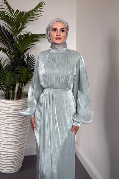 MERVEN AKYÜZ Shay Waist and Sleeve Baguette Stone Evening Dress Janjan Evening Dress Mint