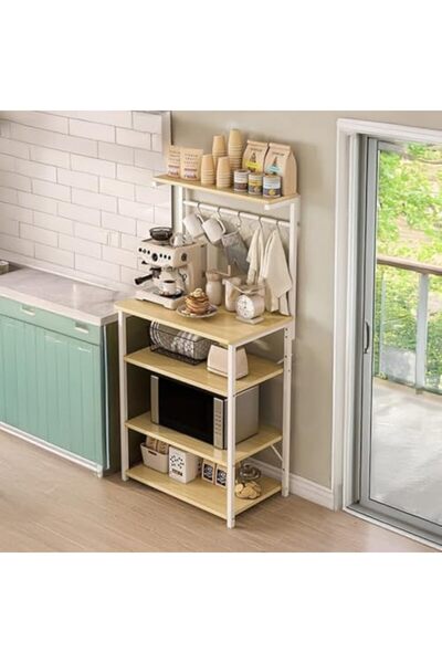 AGD Coffee Corner Cabinet, 4-Layer Shelf with 5 Hooks, Small Cabinet for Kitchen 60*36*145 cm